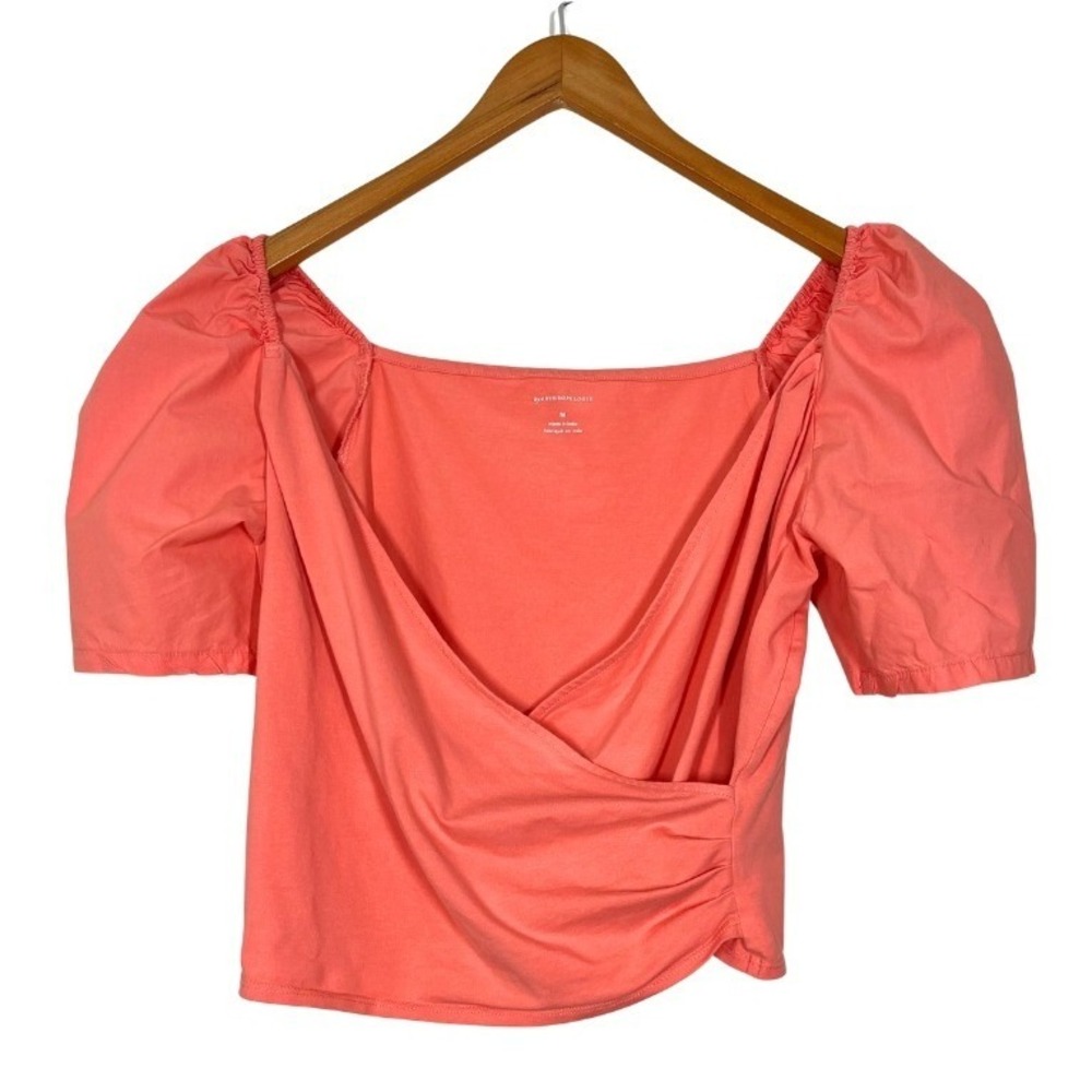 Anthropologie Coral Pink Puff Sleeve Wrap Surplice Ruched Knit Top Sz M Coquette